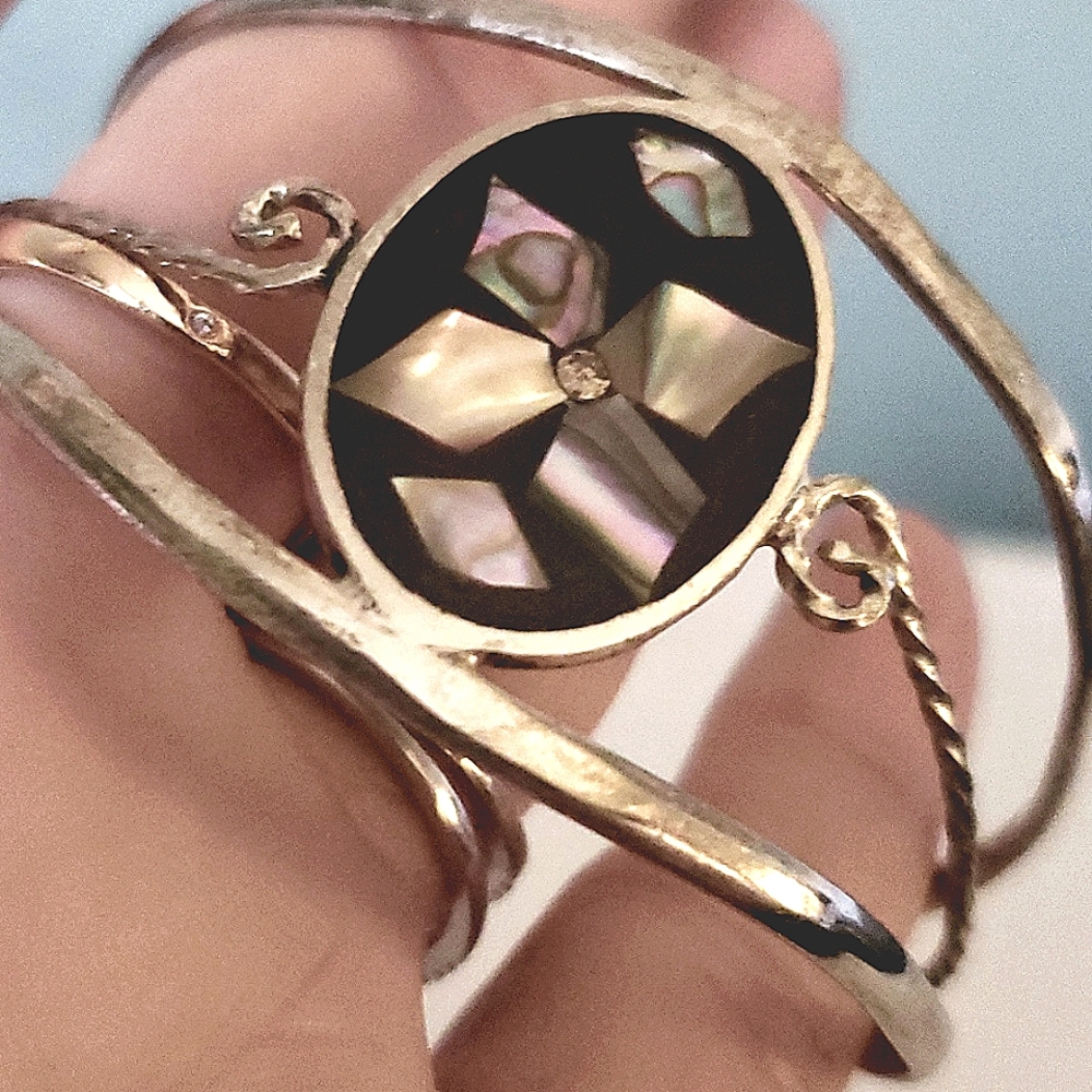 Handmade vintage silver bracelet with abalone and pearl inlays - Picture 4 of 4